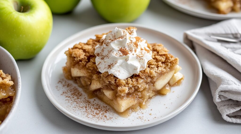 A slice of homemade apple dump cake topped with whipped cream and sprinkled with cinnamon, served on a white plate with fresh green apples in the background. This easy-to-make dessert is perfect for cozy gatherings and showcases a golden, crumbly topping over tender spiced apples.