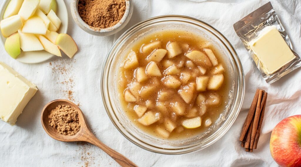 Ingredients for making apple dump cake, including diced apples in a cinnamon-spiced sauce, butter, brown sugar, and cinnamon sticks, laid out on a white tablecloth. This setup highlights the simplicity of preparing an easy homemade apple dump cake.