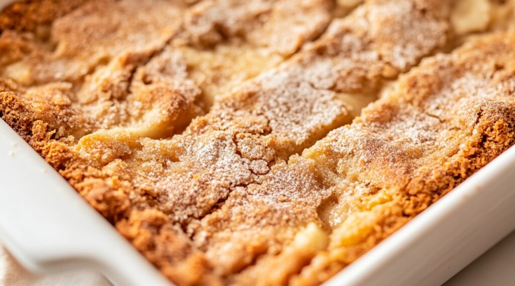 Close-up of a freshly baked apple dump cake in a white baking dish, featuring a golden-brown, crispy topping with a dusting of sugar. This simple and delicious dessert is easy to make at home, with a perfectly caramelized crust over tender baked apples.