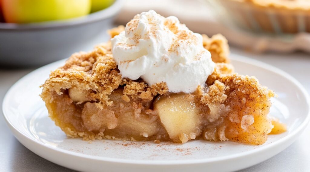 A slice of apple dump cake topped with whipped cream and a sprinkle of cinnamon, served on a white plate. The warm, spiced apple filling and crumbly topping make this an easy and comforting homemade dessert, perfect for any occasion.