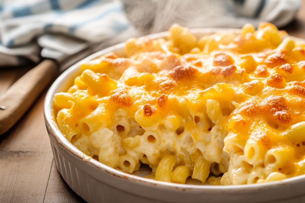 The image shows a close-up view of a baked macaroni and cheese dish. The macaroni is covered in a creamy cheese sauce and topped with a golden, bubbly layer of melted cheese. The dish is presented in a round, white ceramic baking dish, and a portion has been scooped out, revealing the soft and gooey texture inside. Steam is visibly rising from the dish, indicating that it is hot and freshly baked. In the background, there is a blurred view of a wooden surface with a kitchen towel and a wooden utensil handle, creating a warm and inviting atmosphere.