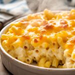 The image shows a close-up view of a baked macaroni and cheese dish. The macaroni is covered in a creamy cheese sauce and topped with a golden, bubbly layer of melted cheese. The dish is presented in a round, white ceramic baking dish, and a portion has been scooped out, revealing the soft and gooey texture inside. Steam is visibly rising from the dish, indicating that it is hot and freshly baked. In the background, there is a blurred view of a wooden surface with a kitchen towel and a wooden utensil handle, creating a warm and inviting atmosphere.