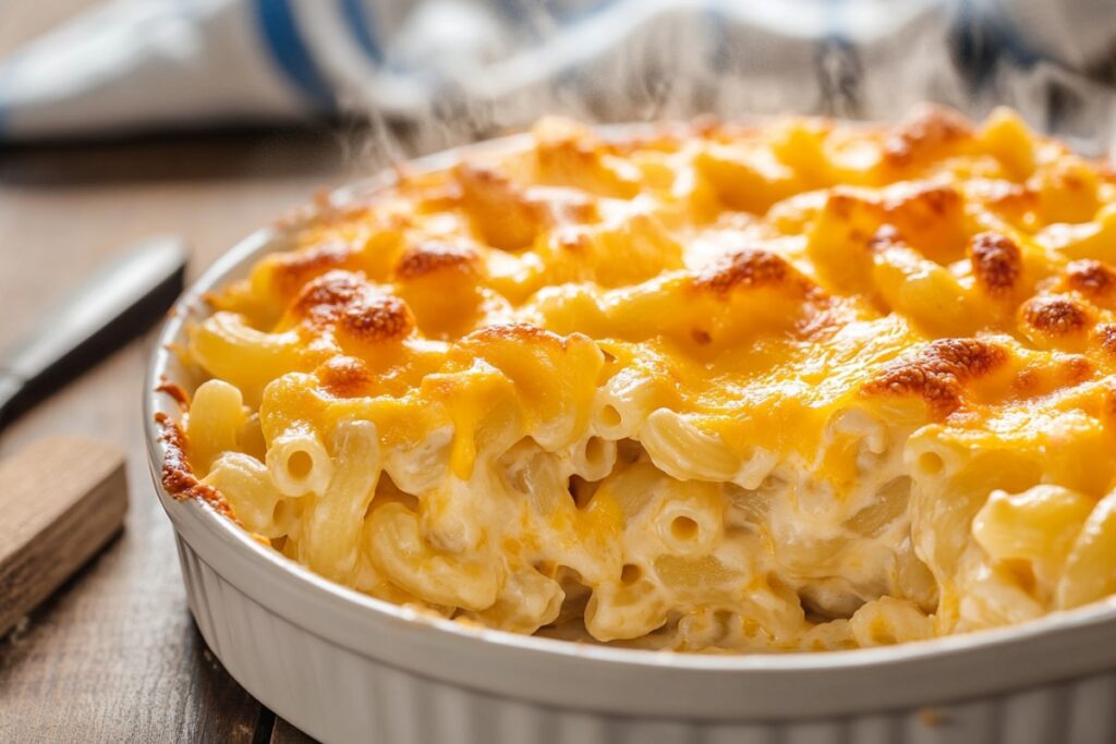 The image shows a baked macaroni and cheese dish. The macaroni is coated in a creamy cheese sauce and topped with a golden, slightly crispy layer of melted cheese. The dish is presented in a white ceramic container, with a portion missing, revealing the creamy interior of the casserole. Steam rises from the dish, indicating that it is hot and freshly baked. The blurred background suggests a kitchen or dining table setting, with a few utensils visible.