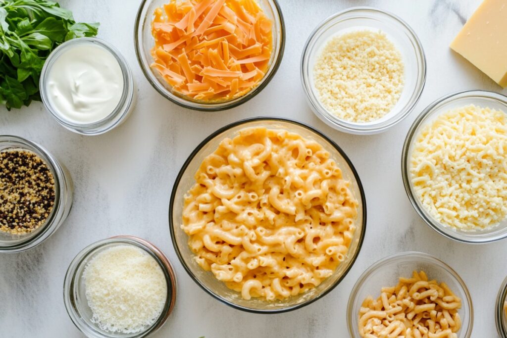 The image displays an overhead view of the ingredients for making macaroni and cheese. At the center is a bowl filled with cooked macaroni coated in a creamy cheese sauce. Surrounding this are small bowls containing various ingredients: shredded cheddar cheese, grated Parmesan, shredded mozzarella, a bowl of sour cream, breadcrumbs mixed with seasoning, and some fresh basil leaves. The ingredients are neatly arranged on a light-colored surface, giving a clear and organized presentation of what is needed to prepare the dish.