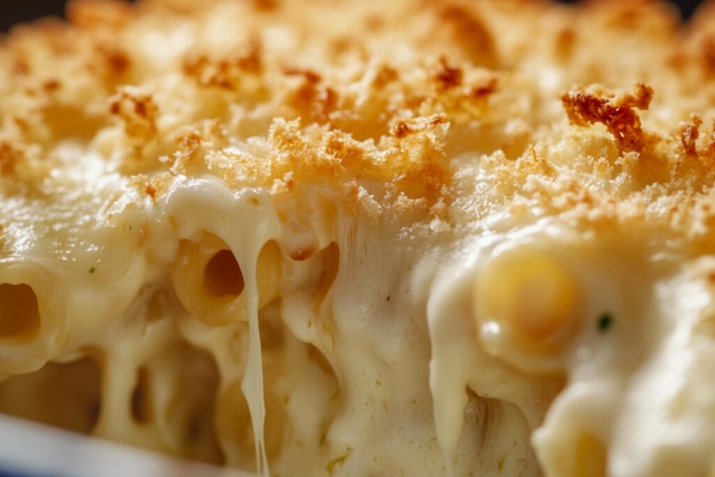 The image captures a close-up view of a baked macaroni and cheese dish. The focus is on the creamy, melted cheese that is stretching and oozing out from between the pasta, topped with a golden, crunchy breadcrumb crust. The texture of the breadcrumbs contrasts with the smooth, gooey cheese beneath, highlighting the dish's richness and warmth. The detail and proximity of the shot emphasize the mouthwatering appeal of this comfort food classic.