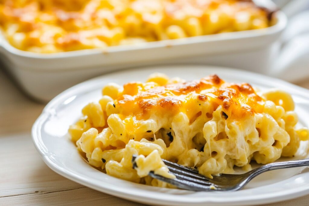 The image shows a serving of baked macaroni and cheese on a white plate, with a fork resting beside the portion. The macaroni is covered in a creamy cheese sauce, topped with a golden, slightly browned layer of melted cheese. In the background, the rest of the casserole dish is visible, filled with the remaining macaroni and cheese. The scene is set on a light-colored surface, and the overall presentation emphasizes the dish's comforting and appetizing appeal, with the melted cheese on top adding a rich and inviting texture.