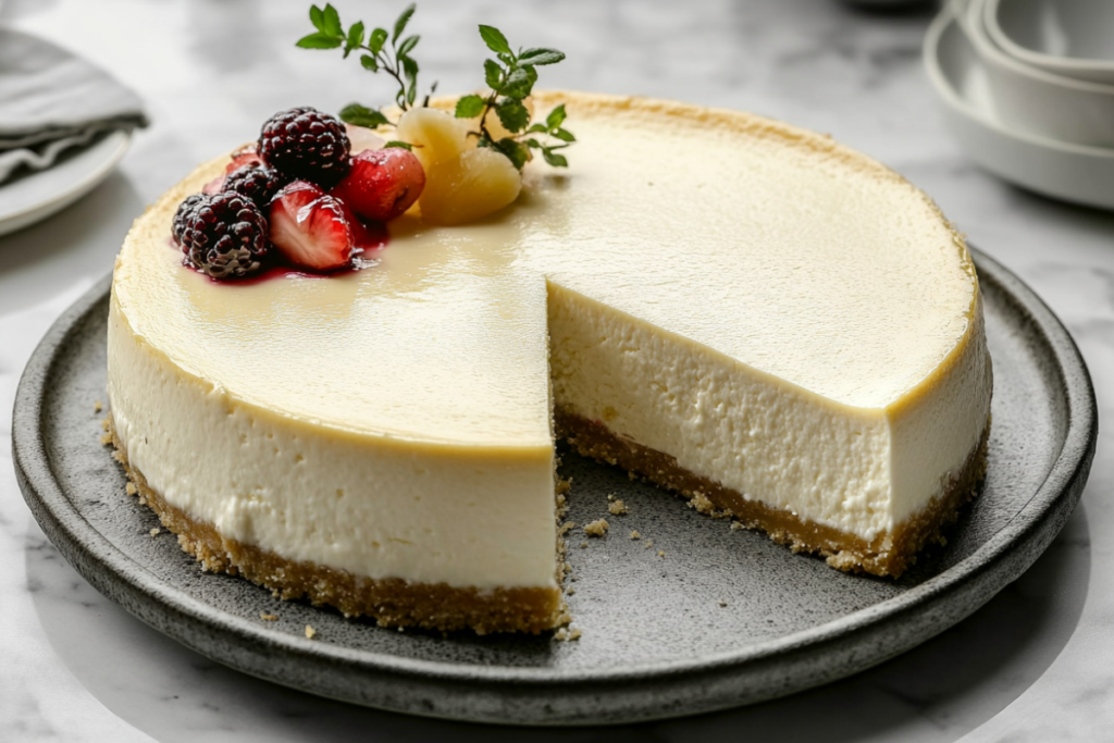 Philadelphia Cheesecake topped with fresh fruits, with a missing slice, on an elegant gray plate.