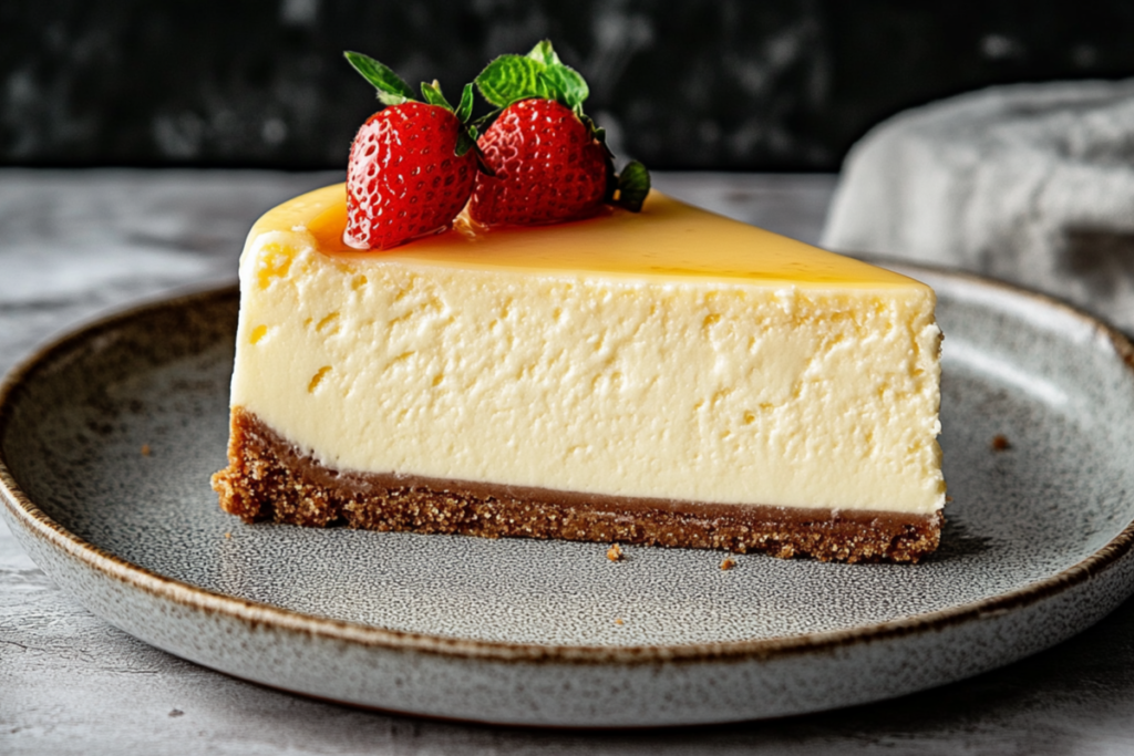 Slice of creamy cheesecake with fresh strawberries as garnish, served on a ceramic plate