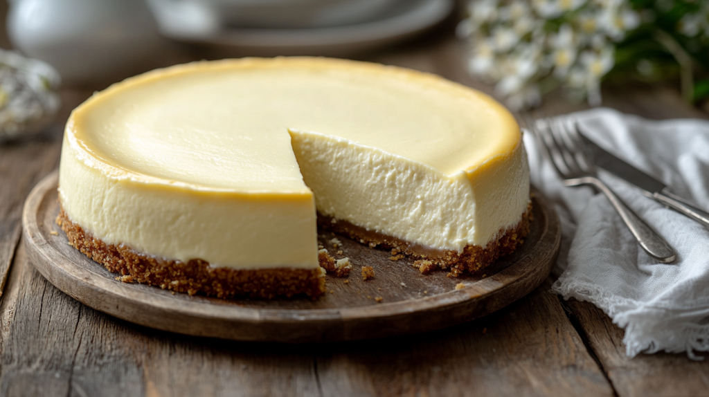 A creamy Philadelphia Cheesecake with a golden crust, presented on a rustic wooden board.
