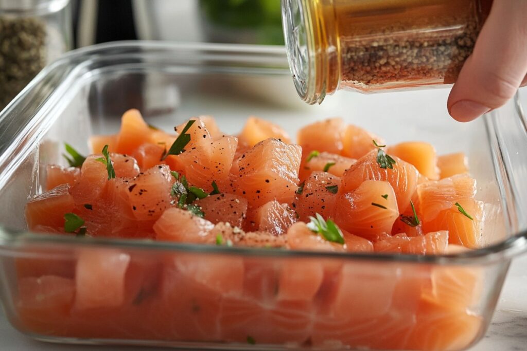 A close-up of a glass dish filled with cubed raw salmon, lightly seasoned with black pepper and garnished with fresh parsley. A hand is seen sprinkling additional seasoning from a jar onto the salmon, emphasizing the preparation process. The background includes blurred kitchen elements, adding context to the culinary setting.