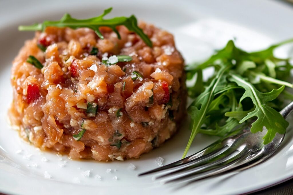 A close-up of a plate featuring a portion of salmon tartare, finely chopped and mixed with herbs and seasonings, formed into a round shape. The dish is garnished with coarse salt on top and accompanied by a small serving of fresh arugula on the side, with a fork placed next to it, emphasizing its elegant presentation.