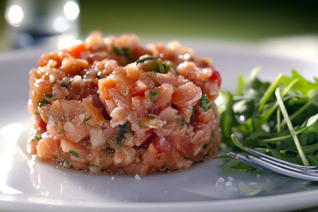 A close-up of a plate featuring a portion of salmon tartare, finely chopped and mixed with herbs and seasonings, formed into a circular shape. The tartare is garnished with coarse salt and is accompanied by fresh arugula leaves on the side. A fork is placed on the plate, with a blurred background adding to the depth of the image, highlighting the fresh and vibrant presentation.