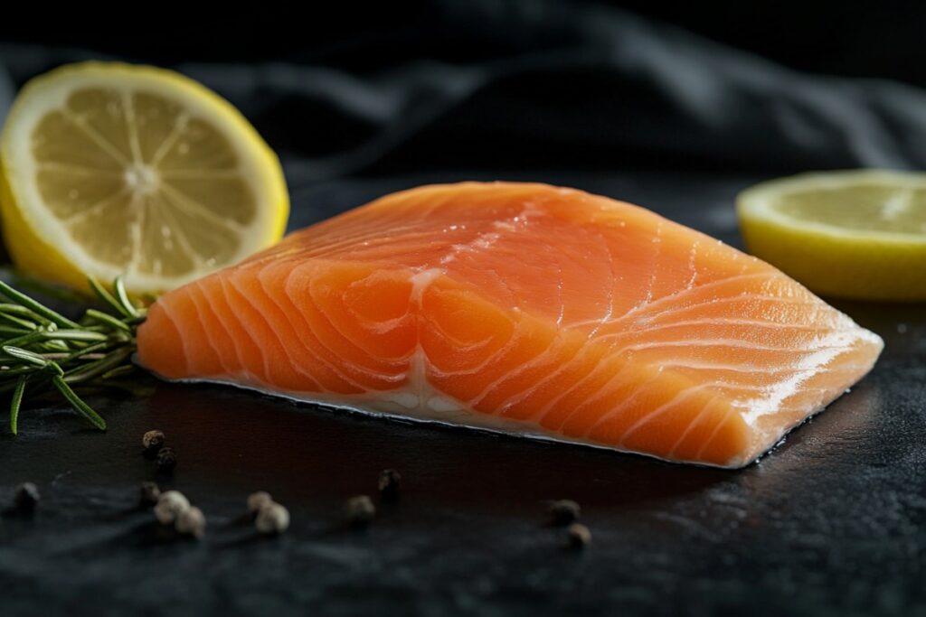 A close-up of a raw salmon fillet placed on a dark surface, highlighting its vibrant orange color and smooth texture. The fillet is accompanied by a sprig of fresh rosemary, black peppercorns, and two lemon halves in the background, which add a touch of freshness and contrast to the presentation.