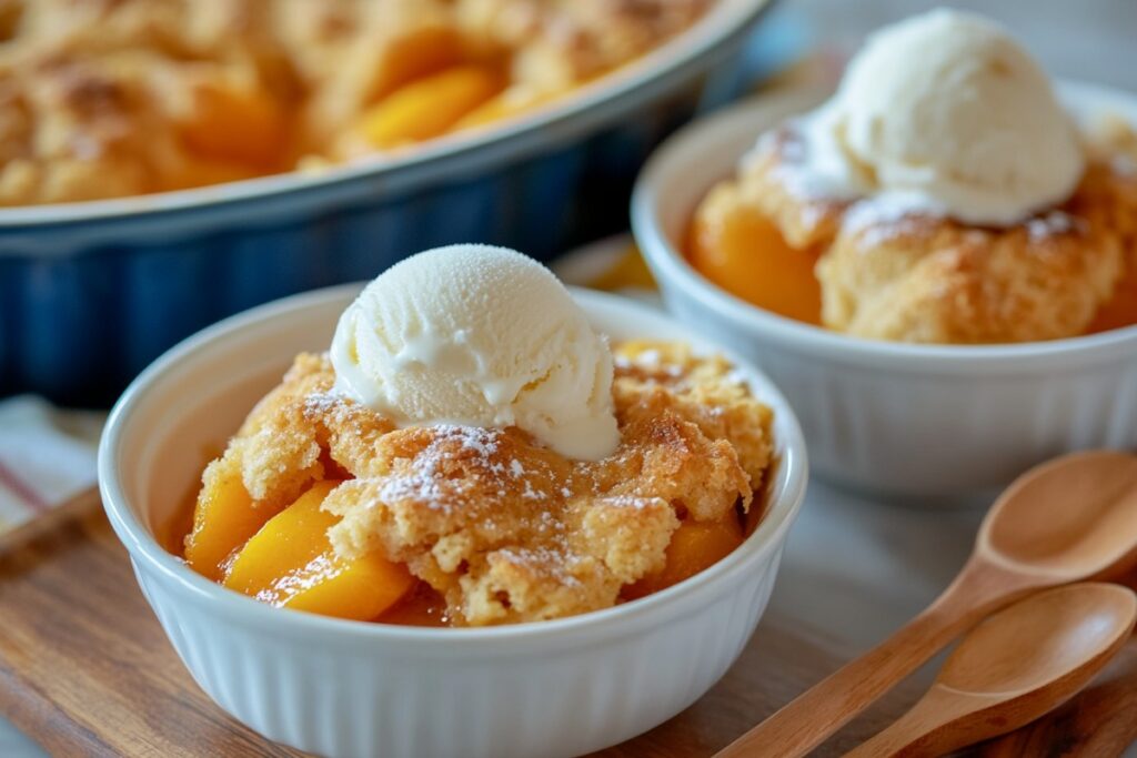 A delicious peach cobbler served in a white bowl, topped with a scoop of melting vanilla ice cream. The dessert features juicy peach slices covered with a golden, crumbly crust, lightly dusted with powdered sugar, all set on a wooden tray with wooden spoons beside it.