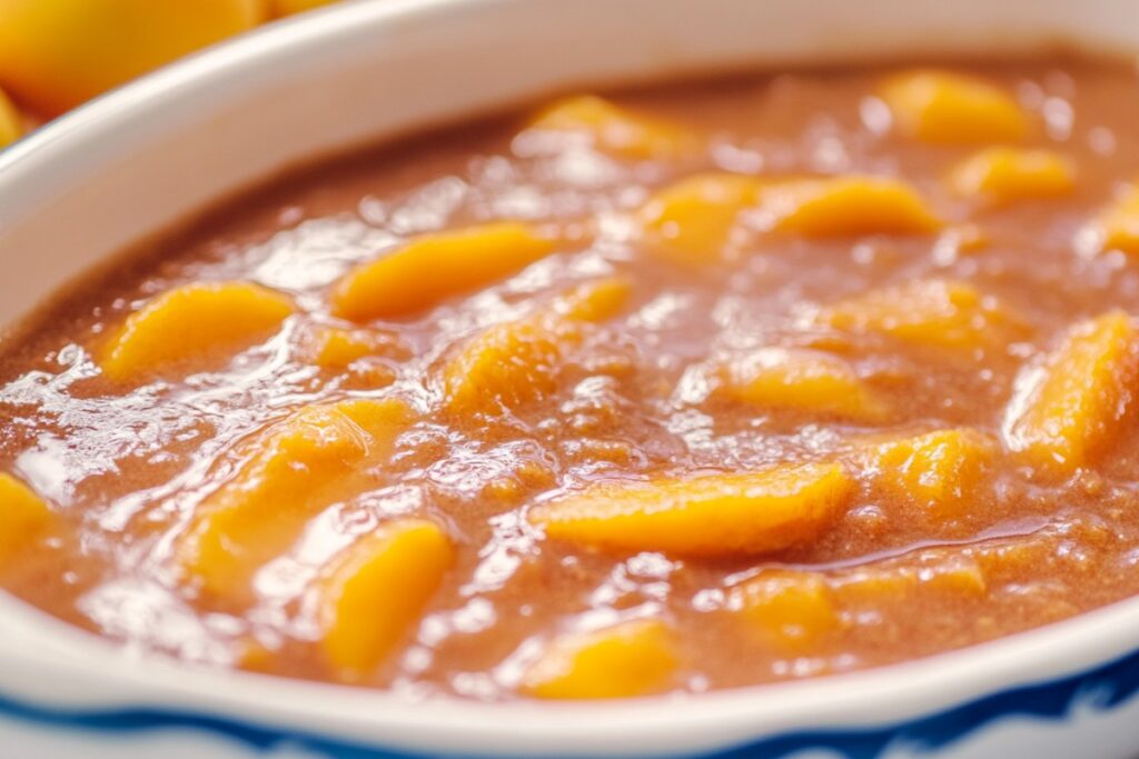 A close-up of a baking dish filled with peach slices coated in a rich, cinnamon-infused syrup. The mixture is ready to be topped with cake mix before baking, showing the juicy, vibrant peaches suspended in the thick, sweet sauce.