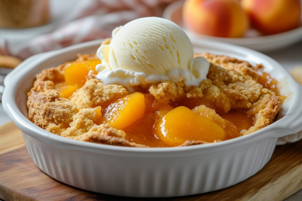 A perfectly baked peach cobbler served in a white ramekin, topped with a scoop of creamy vanilla ice cream. The golden, crumbly crust contrasts beautifully with the juicy, vibrant peach filling, and the melting ice cream adds a touch of indulgence. The dessert is placed on a wooden board, with fresh peaches blurred in the background.