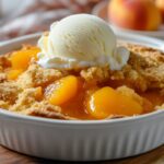 A perfectly baked peach cobbler served in a white ramekin, topped with a scoop of creamy vanilla ice cream. The golden, crumbly crust contrasts beautifully with the juicy, vibrant peach filling, and the melting ice cream adds a touch of indulgence. The dessert is placed on a wooden board, with fresh peaches blurred in the background.