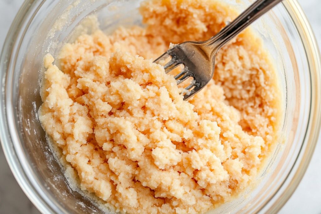 A close-up of a glass mixing bowl filled with a crumbly batter made from cake mix. A metal fork is being used to mix the ingredients, showing the rough and grainy texture of the mixture, ready to be spread over the peach filling