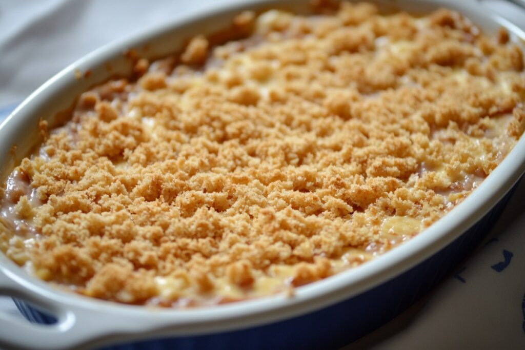 Close-up of a freshly baked peach cobbler in a blue ceramic dish, topped with a golden, crumbly cake mix crust. The dessert's surface is evenly browned and slightly textured, showcasing the warm and inviting appearance of this homemade treat