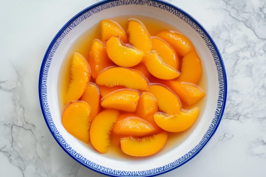 A top-down view of a white and blue-rimmed bowl filled with bright orange peach slices in syrup. The peaches are evenly arranged and glistening, showcasing their juiciness and vibrant color against a marble countertop